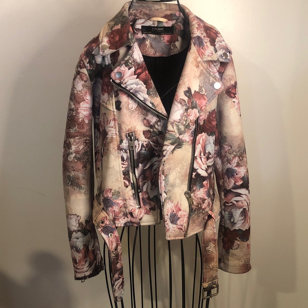 Zara Floral Leather Jacket - Cream and Brown